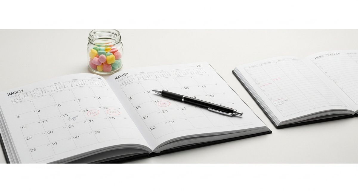 Microdosing Gummies for Productivity: A Beginner's Guide 10 Monthly desk calendar with circled dates beside a small jar of gummies and a habit tracker notebook, representing a mindful d