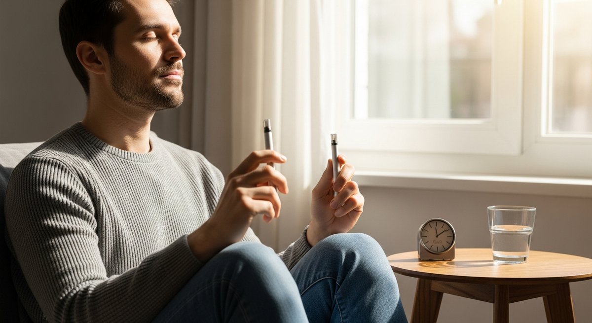 How to Use a Vape for Work Without Getting Too High 8 Adult holding a vape pen mindfully near a sunny window with a timer and glass of water on a side table nearby