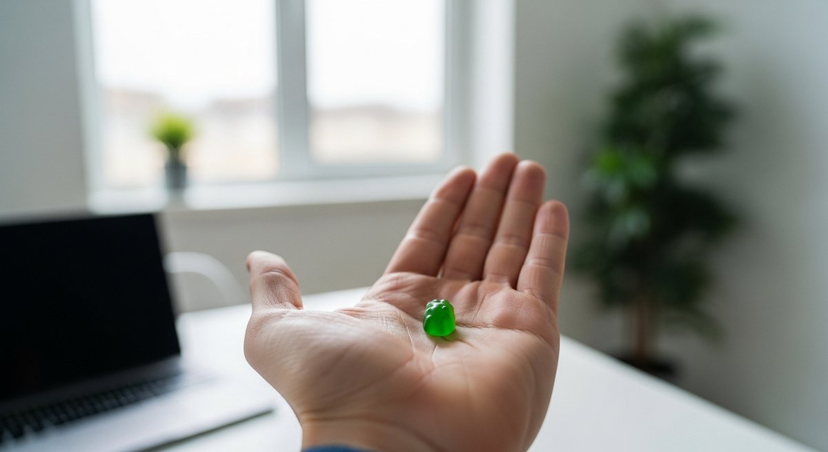 Best Gummies for Focus: CBD and Low-Dose THC Options 14 Single small gummy resting in an adult palm against a blurred home office background representing microdosing THC