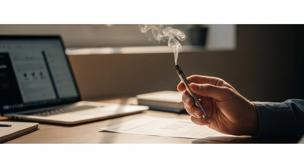 Sativa Vape Pens for Focus: Top Strains to Try 18 Adult hand holding a vape pen with a small vapor puff near a work desk with laptop suggesting mindful dosing