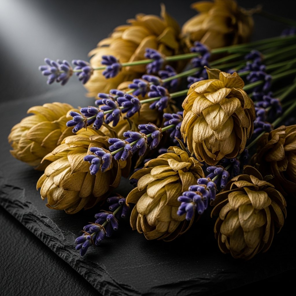 How to Choose a Sleep Cart: Indica vs Hybrid vs CBD 10 Macro shot of hops cones and lavender sprigs on slate, representing myrcene and linalool terpenes in indica carts.