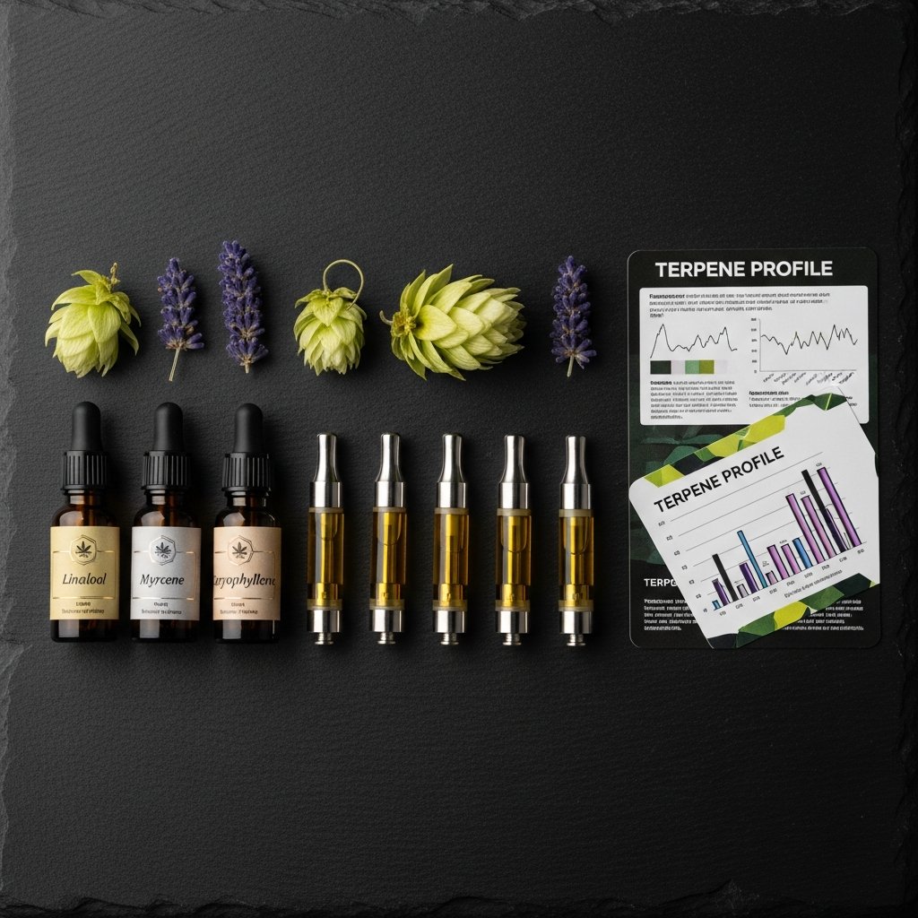 How to Vape Before Bed Without Disrupting Your Sleep 14 Vape cartridges arranged with terpene samples and a terpene profile card for nighttime product selection