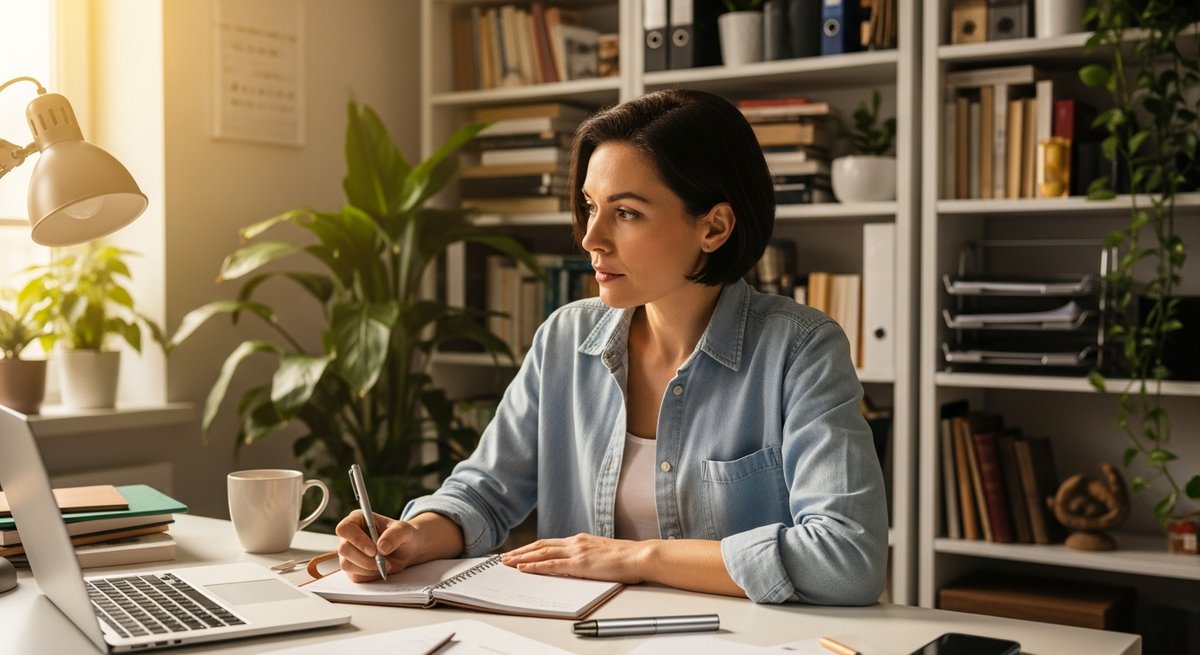 Best Vapes for Focus and Concentration 18 Adult woman writing in a planner at a sunny home office desk with a vape pen nearby, suggesting mindful use