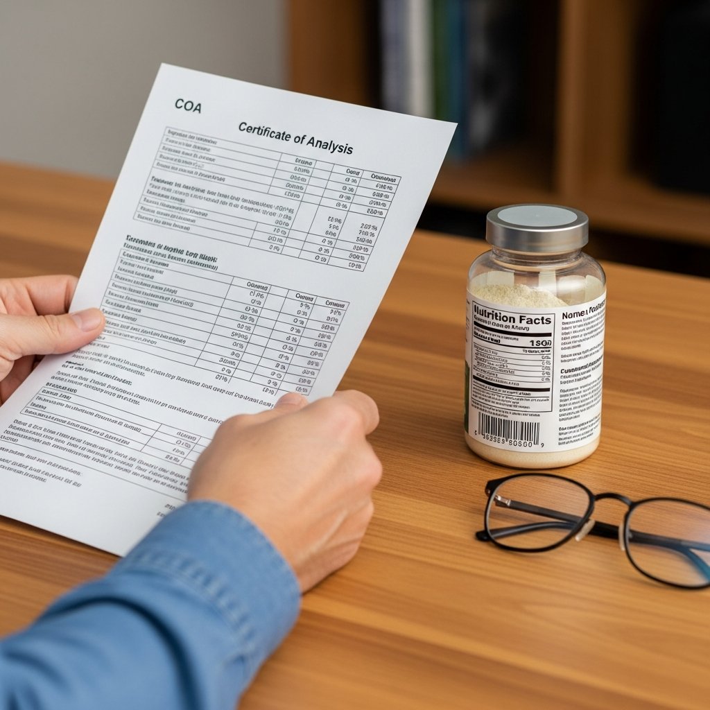 Best CBD Gummies for Sleep: A Complete Guide 11 Adult hands reviewing a supplement Certificate of Analysis document beside a labeled product bottle on a desk.