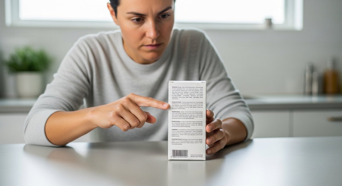 Best Gummies for Focus: CBD and Low-Dose THC Options 15 Adult reading supplement label ingredients on a product box in a bright kitchen, illustrating how to evaluate gummy labels