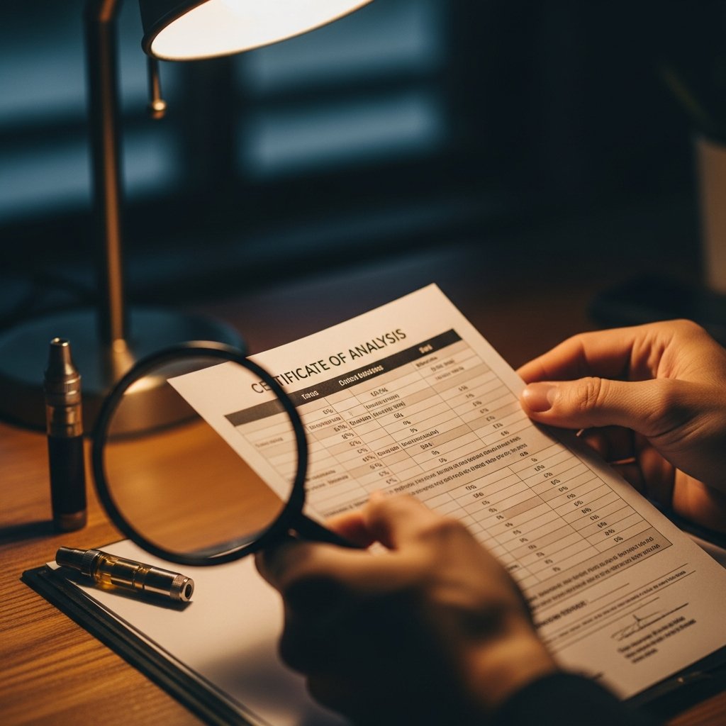 Top Terpenes in Sleep Carts You Should Know About 13 Person reviewing a certificate of analysis terpene lab report document with a vape cartridge in the background