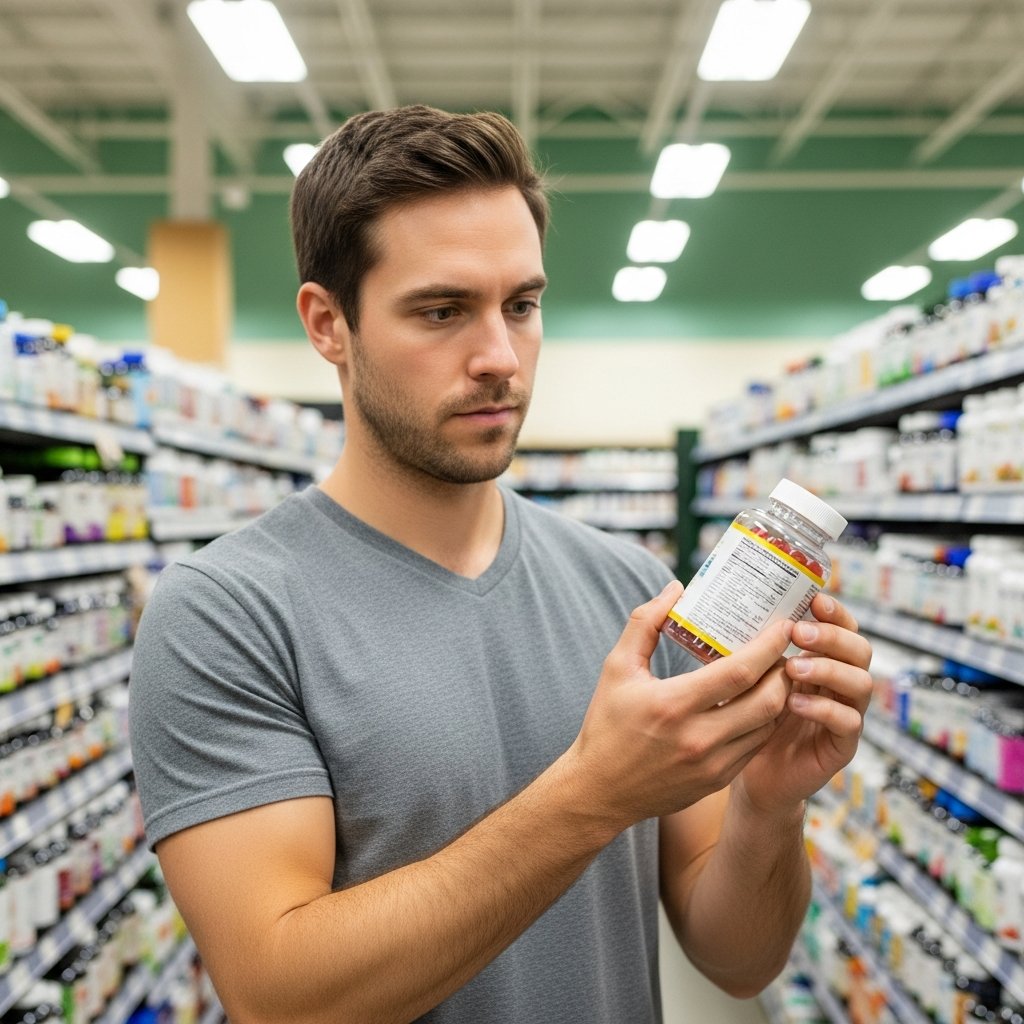 CBN vs CBD Gummies for Sleep: What's the Difference? 12 Adult man reading the label on a gummy supplement bottle in a store aisle, representing careful cannabinoid product evaluatio