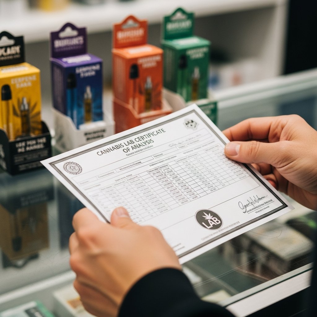 Myrcene Terpenes and Sleep: Why It Matters in Your Vape 12 Adult hands reviewing a cannabis terpene lab certificate at a dispensary counter while comparing vape products