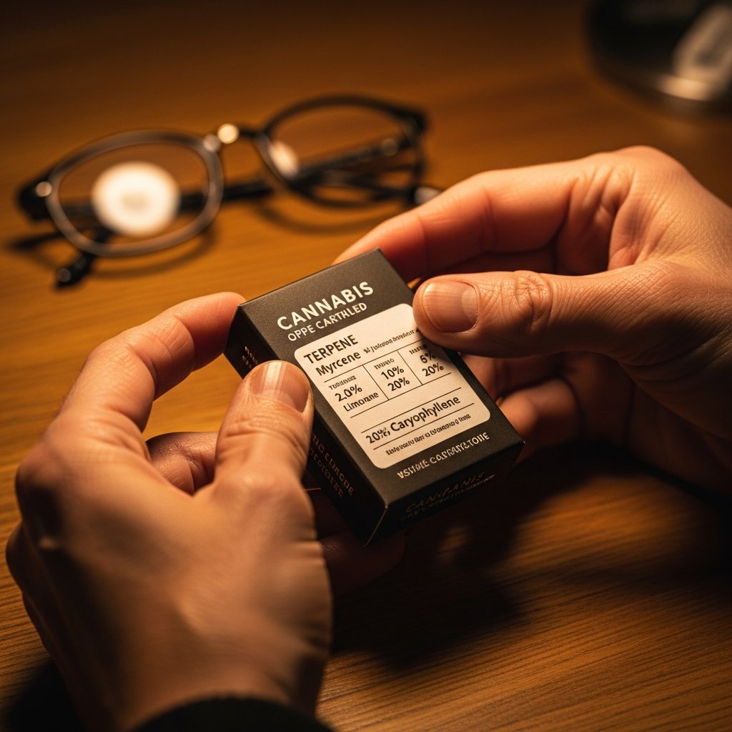 How to Choose a Sleep Cart: Indica vs Hybrid vs CBD 11 Adult hands examining terpene percentage details on a vape cart product label under warm indoor lighting.