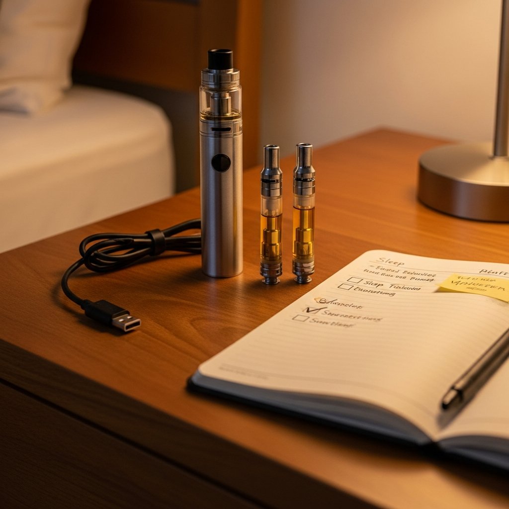 Disposable vs Reusable Carts for Sleep: Pros and Cons 7 Reusable 510-thread vape battery with interchangeable cartridges and sleep journal on a wooden nightstand.