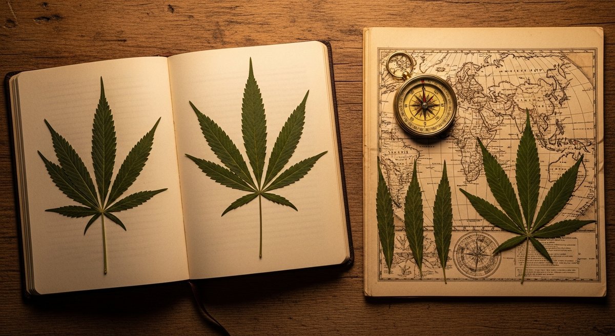What is a Sativa strain? 13 Vintage botanical field journal with pressed sativa cannabis leaves and antique map showing equatorial origins