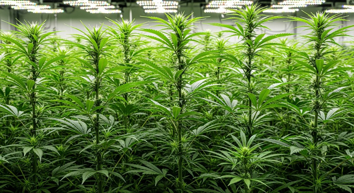 Sativa Vape Pens for Focus: Top Strains to Try 13 Rows of tall sativa cannabis plants with slender leaves under LED grow lights in an indoor facility