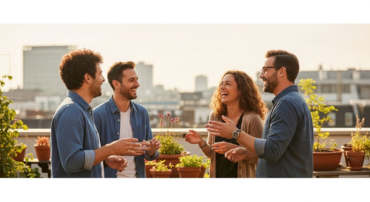 What is a Sativa strain? 15 Three adults socializing energetically on a sunny rooftop garden, reflecting the uplifting social sativa experience