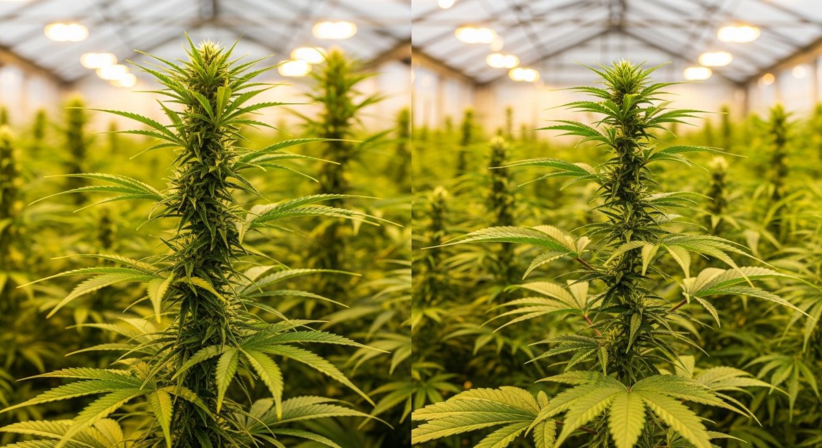 Sativa vs Indica Carts for Anxiety: What's Better? 11 Two cannabis plant varieties in a greenhouse showing tall narrow sativa leaves beside shorter broad indica leaves