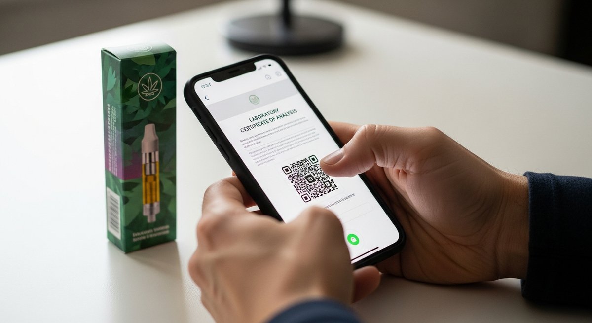 How to Read a Cart Label if You Have Anxiety 14 Adult scanning a QR code on cannabis cartridge packaging with a smartphone showing a lab certificate of analysis