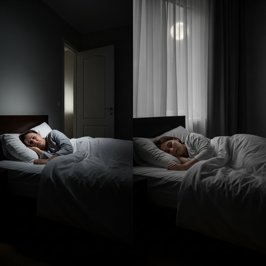 How to Choose a Sleep Cart: Indica vs Hybrid vs CBD 12 Diptych of an adult lying awake in bed versus sleeping peacefully, representing different sleep challenges and outcomes.