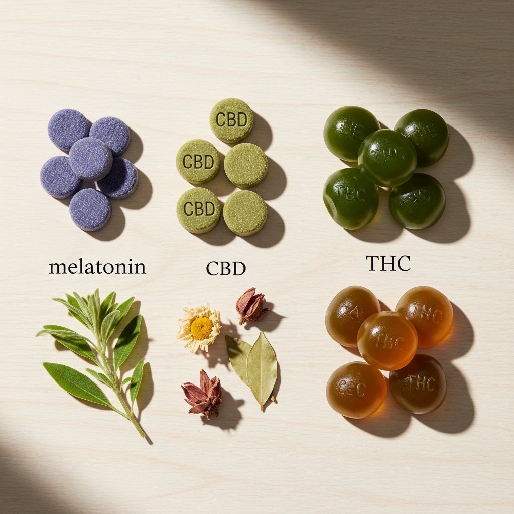 How Long Do Sleep Gummies Take to Kick In? 10 Assorted sleep gummies with botanicals representing melatonin, CBD, and THC ingredient varieties