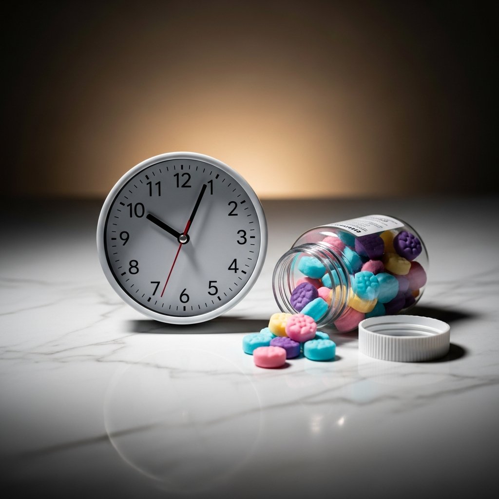 How Long Do Sleep Gummies Take to Kick In? 9 Clock and sleep gummies on a surface illustrating a 30 to 90 minute onset timeline