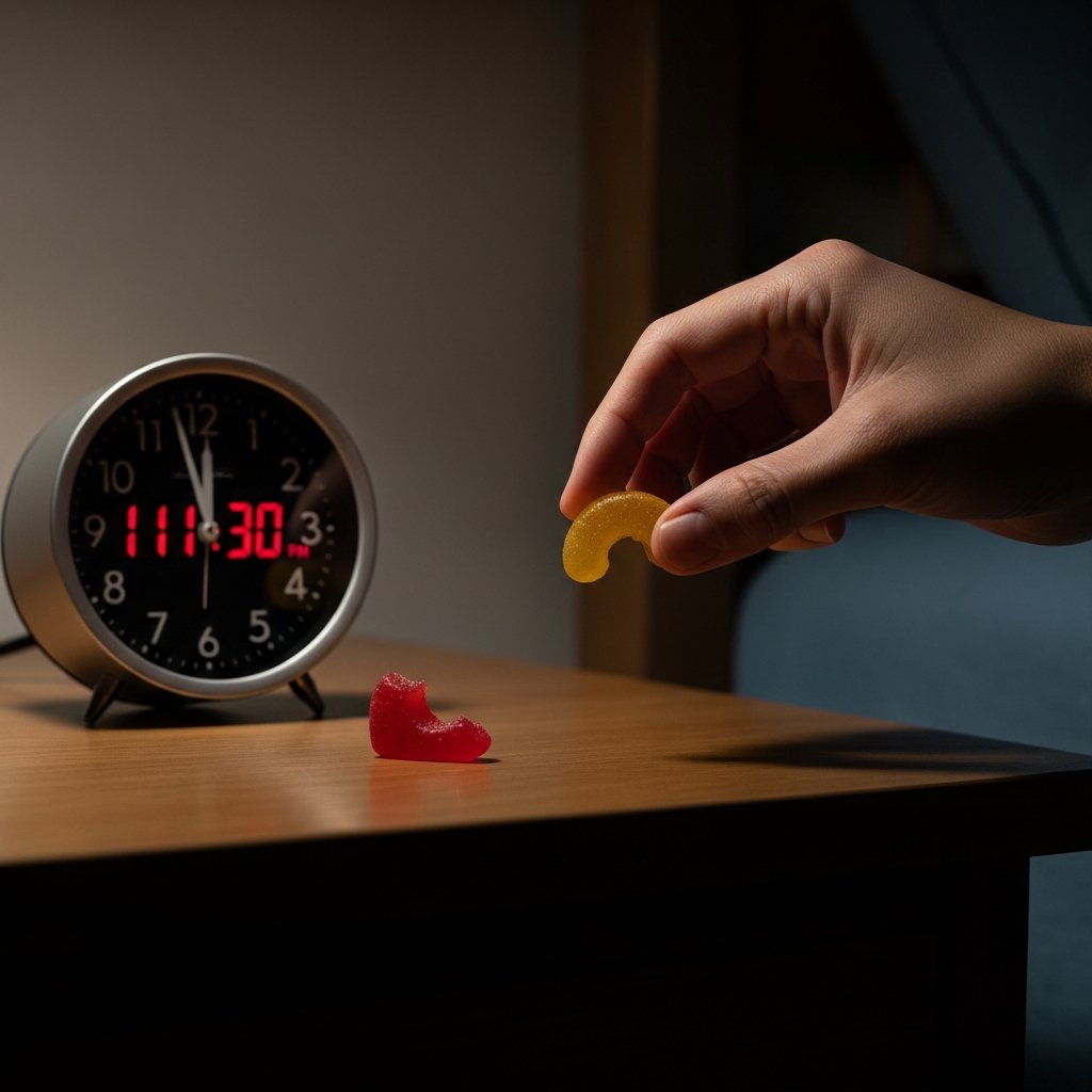 How Long Do Sleep Gummies Take to Kick In? 12 Hand reaching for a second sleep gummy on a nightstand at night, clock visible in background