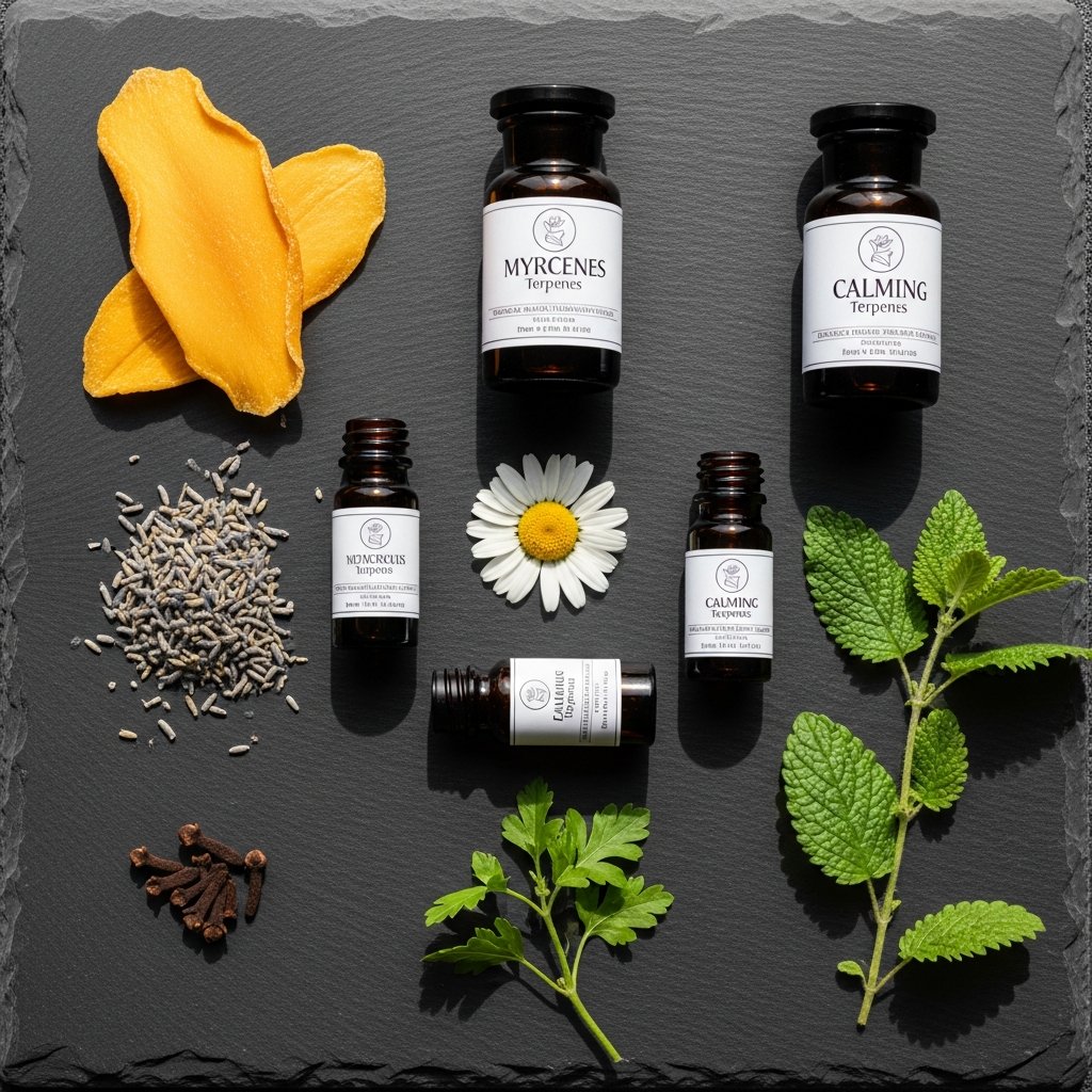 Top Terpenes in Sleep Carts You Should Know About 12 Natural botanical ingredients representing calming sleep terpenes including mango, lavender, chamomile, and clove