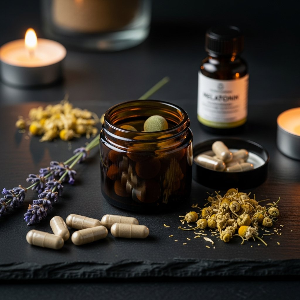 How Many mg of THC Gummies Should You Take for Sleep? 11 Sleep-formulated cannabis gummies displayed with CBN capsules, melatonin, and lavender on a dark slate surface.