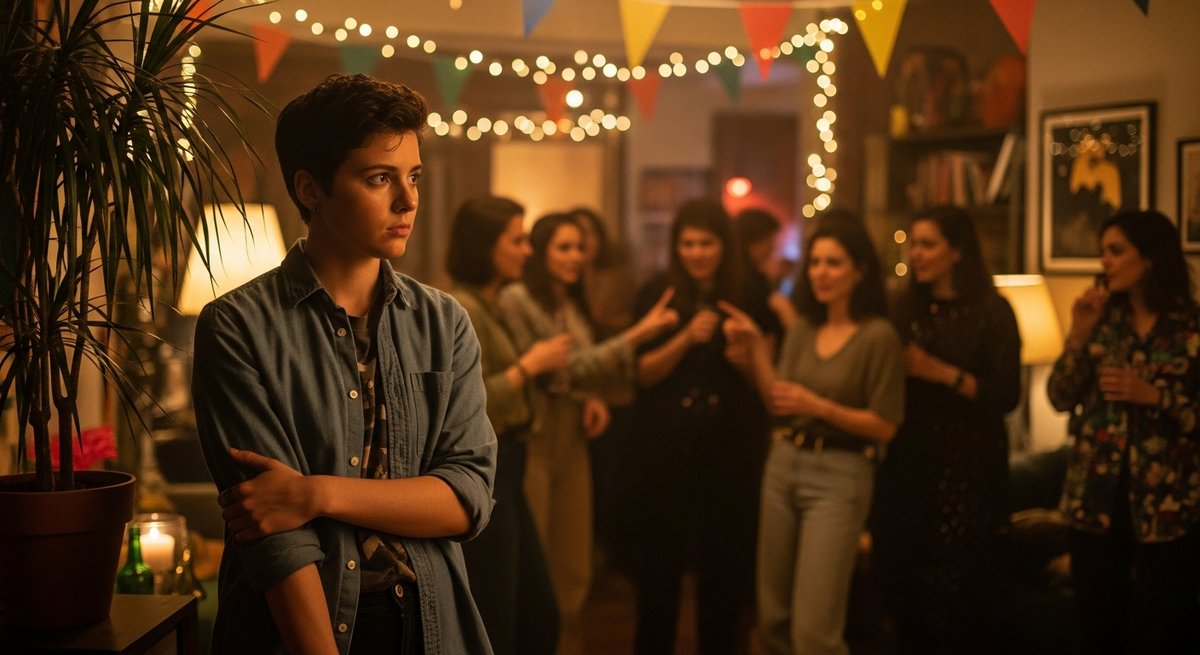 Social Anxiety and Vaping: What Products Actually Help 13 Young adult standing apart at a social gathering, expression showing quiet unease amid a lively crowd