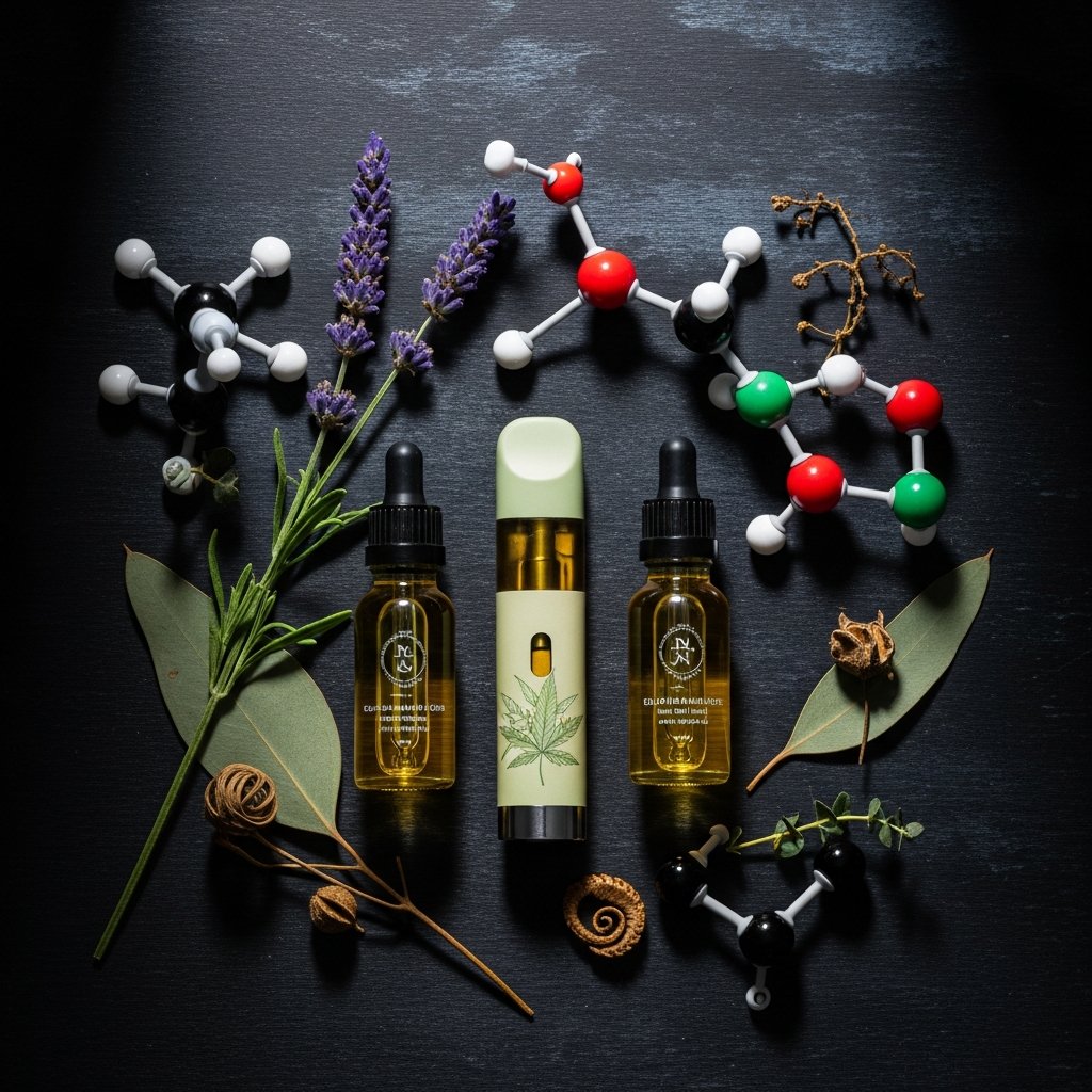 Top Terpenes in Sleep Carts You Should Know About 15 Vape cartridge and cannabinoid oil dropper bottles with molecular model props illustrating terpene and cannabinoid interactio