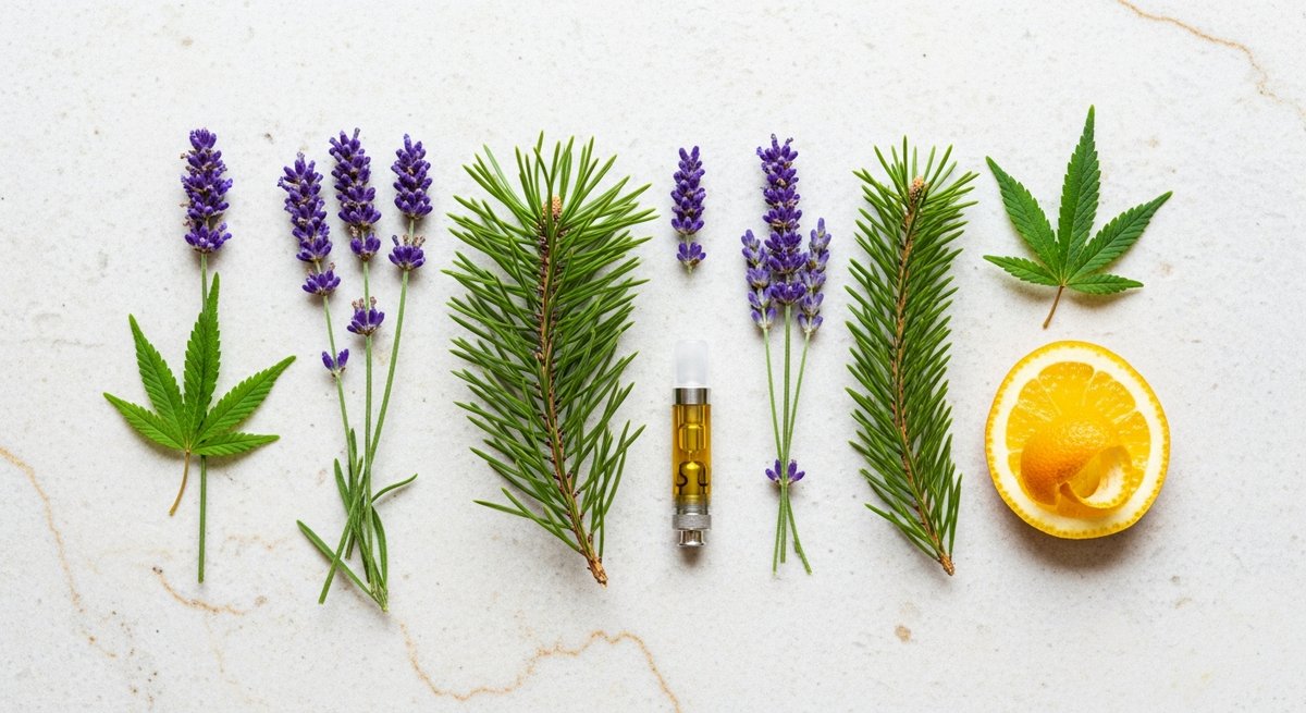 How to Read a Cart Label if You Have Anxiety 13 Lavender, pine needles, and citrus peel beside a cannabis cartridge representing anxiety-friendly terpenes on stone surface