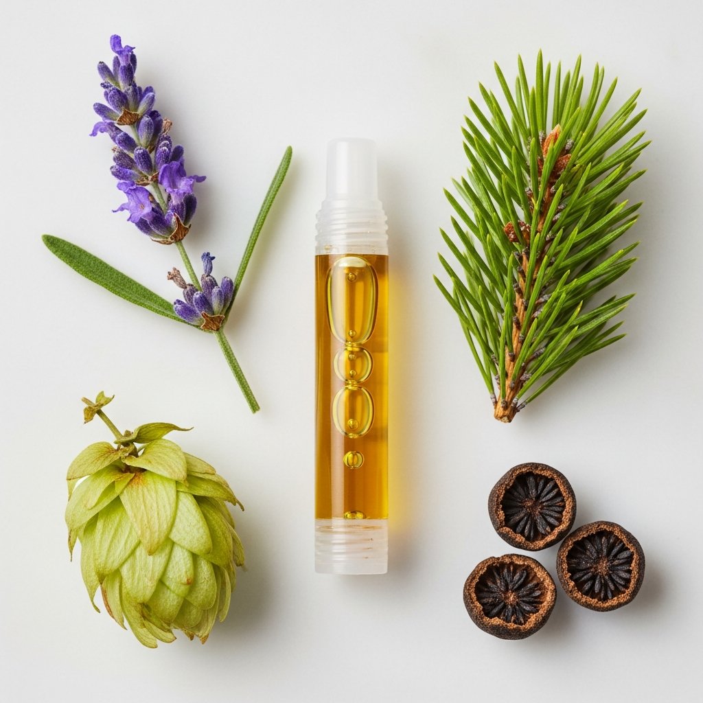 Top Terpenes in Sleep Carts You Should Know About 11 Vape cartridge with amber oil next to natural terpene sources including lavender, hops, pine, and black pepper