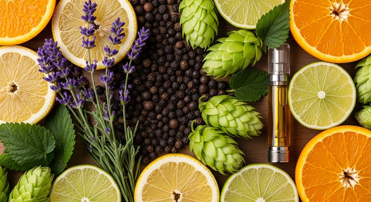 Best Strains to Vape for Back Pain and Muscle Soreness 9 Aromatic botanicals including lavender, pepper, citrus, and hops beside a cannabis vape cartridge