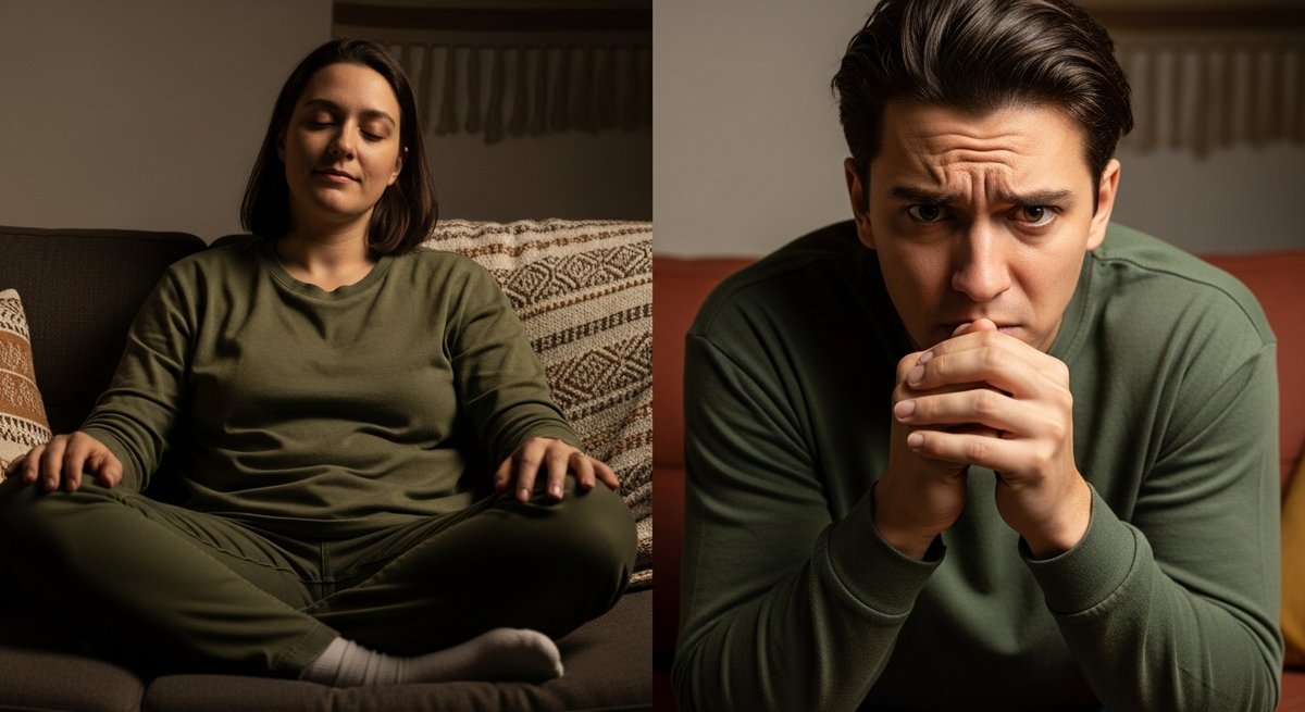Why Some Carts Make Anxiety Worse (And How to Avoid It) 11 Two contrasting moods side by side showing calm relaxation versus visible anxiety to illustrate dose-dependent THC effects