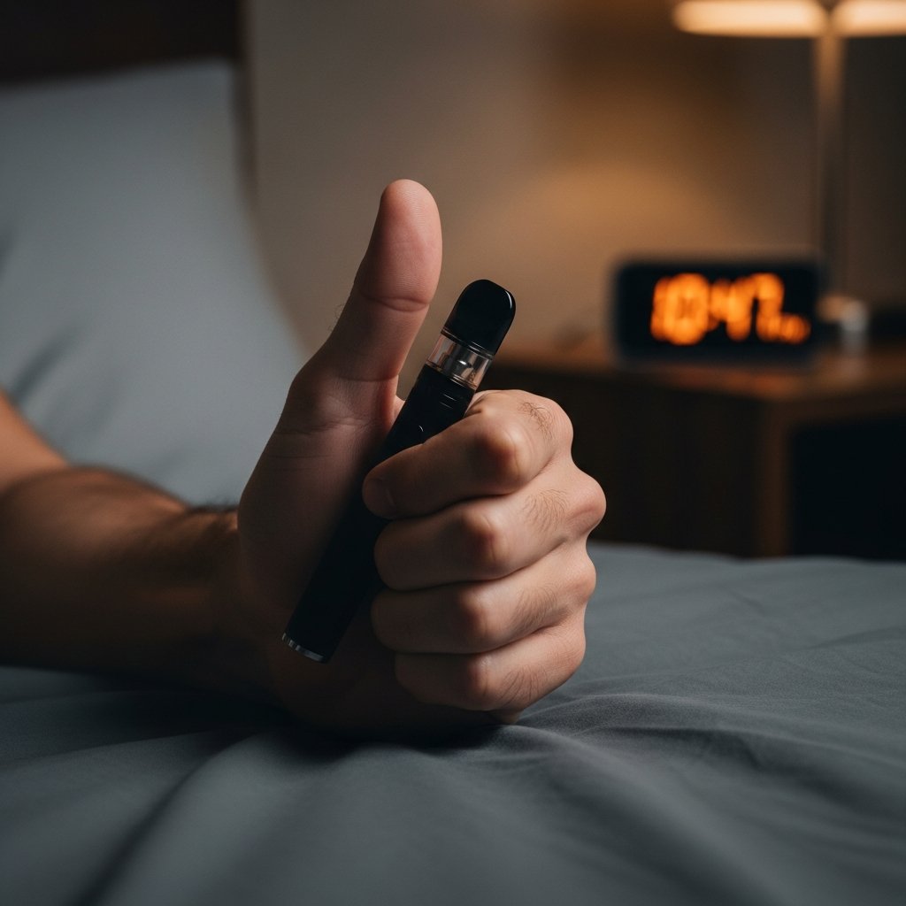 Are THC Carts Safe to Use Before Bed? 11 Adult hand pausing with a vape pen at night, suggesting mindful dose control before bed.