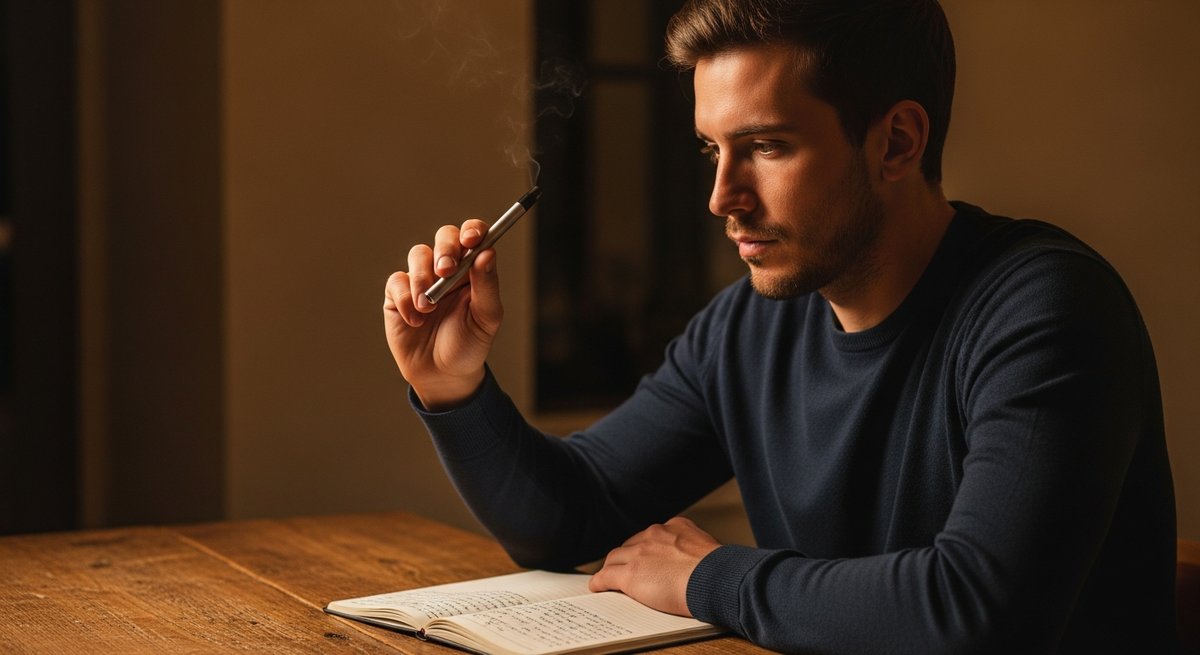 Best THC Carts for Anxiety: Calm Without the Paranoia 8 Adult man pausing thoughtfully before vaping, notebook open on wooden table, illustrating mindful low-dose cannabis strategy.
