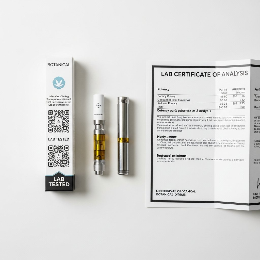 Are THC Carts Safe to Use Before Bed? 10 Lab-tested THC cartridge with certificate of analysis beside an unlabeled cartridge, highlighting product quality differences