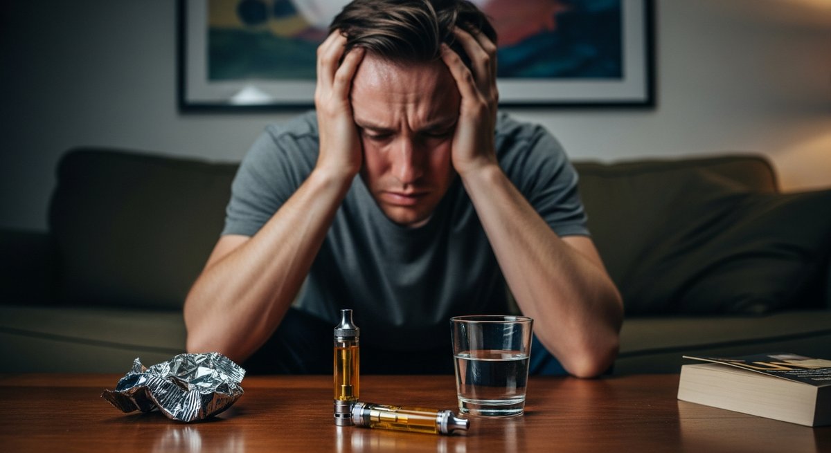 Best THC Carts for Anxiety: Calm Without the Paranoia 10 Adult sitting uncomfortably on a couch with a vape cart on the coffee table, depicting an overwhelming cannabis experience.