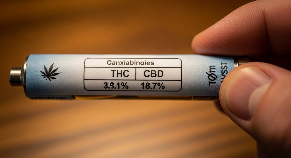How to Read a Cart Label if You Have Anxiety 12 Close-up of adult fingers holding a cannabis cart label showing THC and CBD percentages under warm lighting