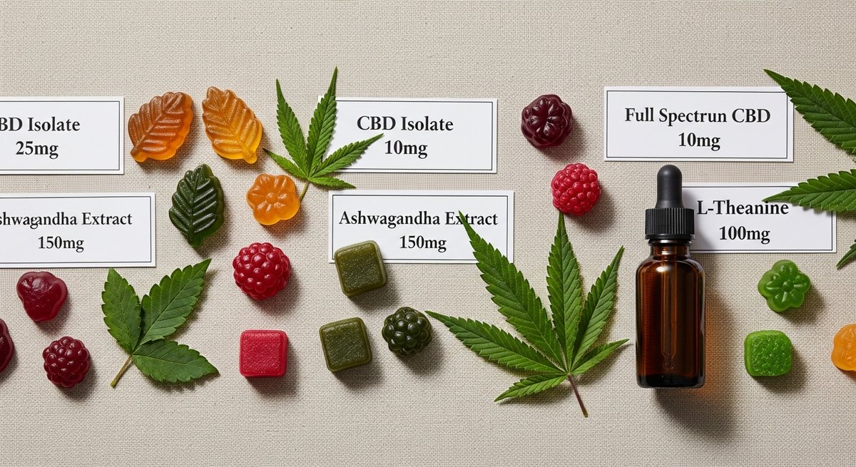 Can THC Gummies Help You Focus? What the Science Says 18 Assorted cannabis gummies with CBD and THC ratio cards, hemp leaves, and tincture on linen surface
