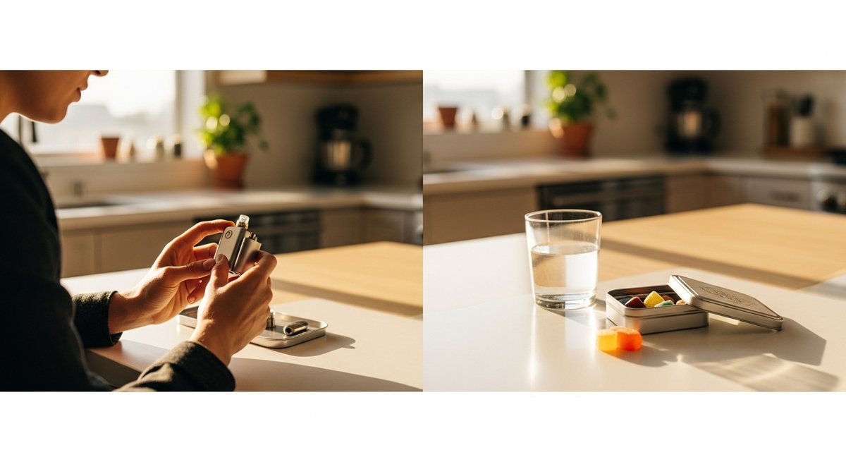 What is THC? 10 Adult examining a vaporizer device beside cannabis edibles on a bright modern kitchen counter