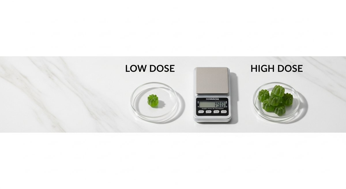 Can THC Gummies Help You Focus? What the Science Says 16 Two glass dishes with one and several cannabis gummies beside a digital milligram scale on marble