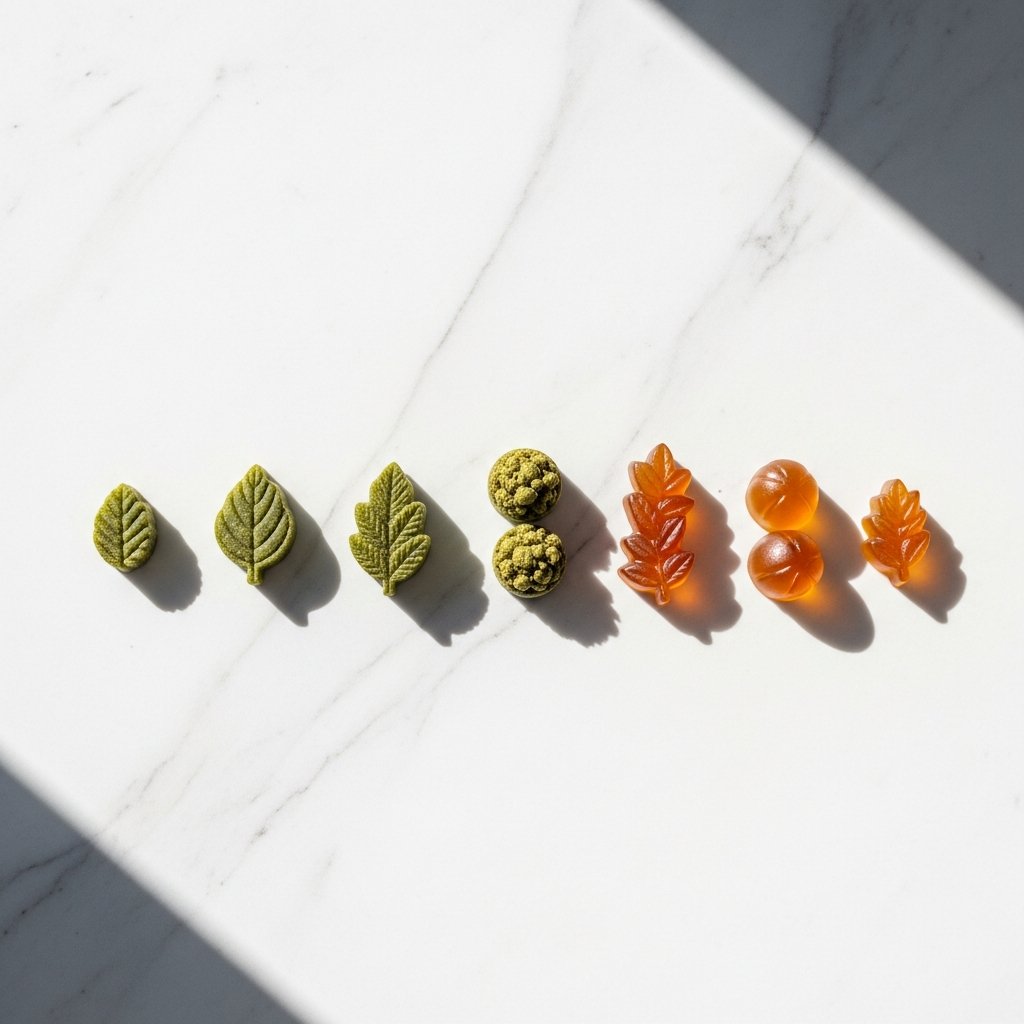 How Many mg of THC Gummies Should You Take for Sleep? 10 Cannabis gummies arranged in ascending quantity on a white marble surface to illustrate dosage tiers.