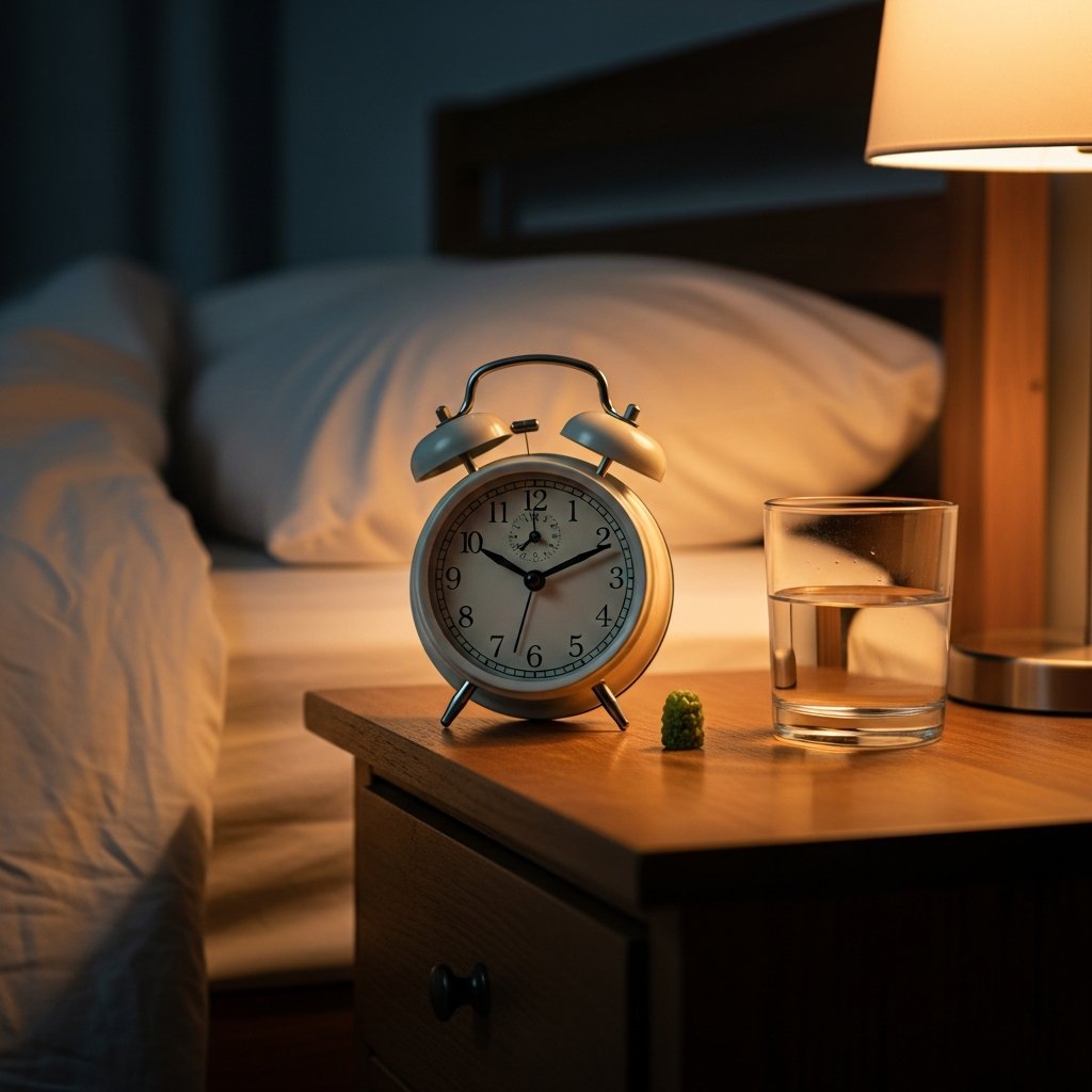 How Many mg of THC Gummies Should You Take for Sleep? 12 Analog clock showing 9:30 pm on a nightstand beside a cannabis gummy and water glass, suggesting sleep timing.