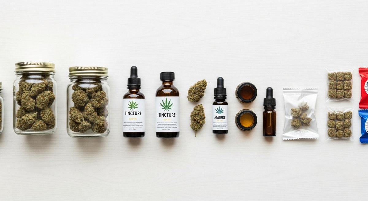 What is THC? 11 Flat-lay arrangement of cannabis flower jars, tinctures, concentrates, and edibles on white surface