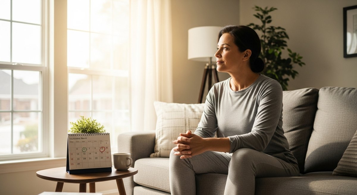 THC Gummies for Chronic Pain: A Guide for Beginners 17 Adult sitting by a window with a calendar suggesting a planned tolerance break from THC gummies