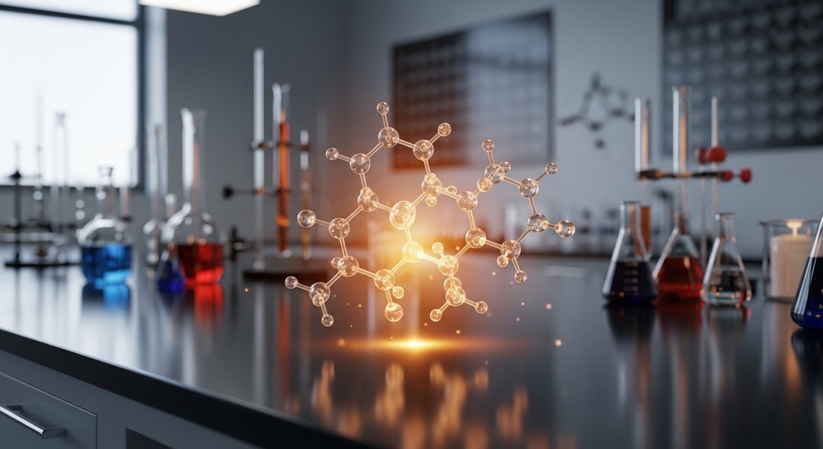 What is THCA? 11 3D cannabinoid acid molecular model glowing above a modern laboratory bench with scientific glassware in background