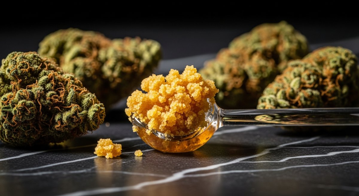 Best Vapes for Focus and Concentration 14 THCA crystalline crumble concentrate on a glass dab tool with cannabis flower buds on dark marble