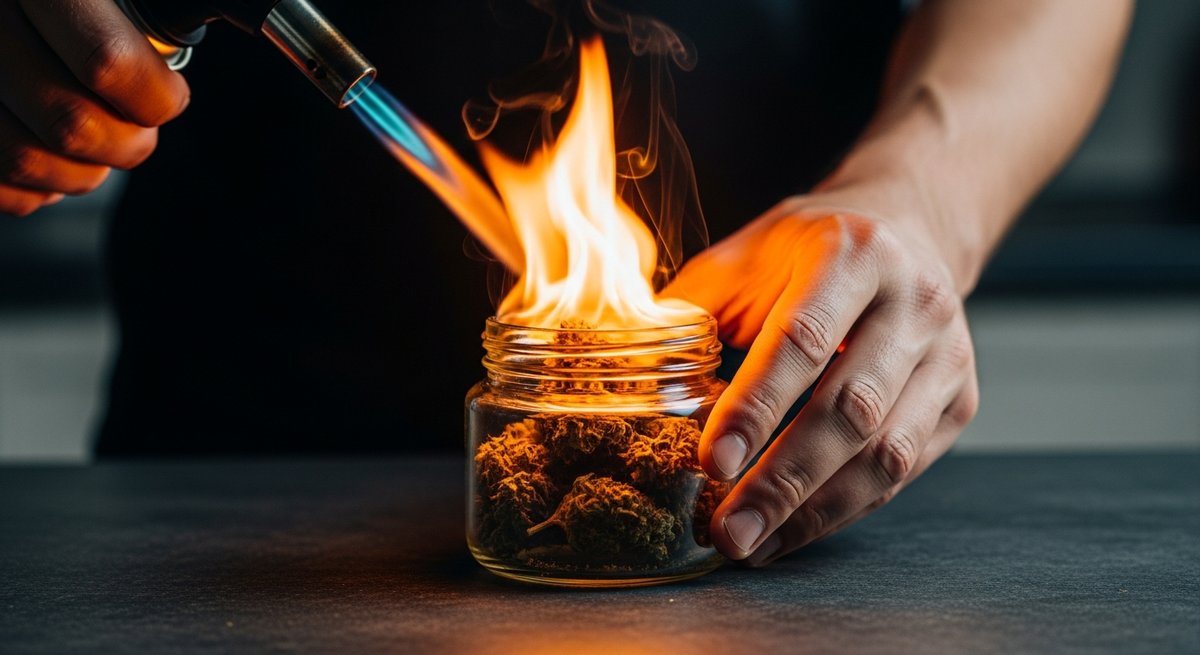 What is THCA? 12 Hands holding cannabis flower jar near heat source illustrating the decarboxylation process that activates cannabinoids