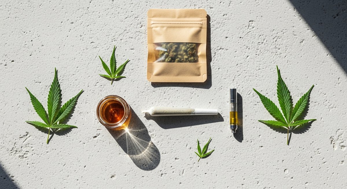 What is THCA? 13 Flat lay of hemp-derived cannabis products including pre-rolls, concentrate, vape cartridge, and flower on concrete surface