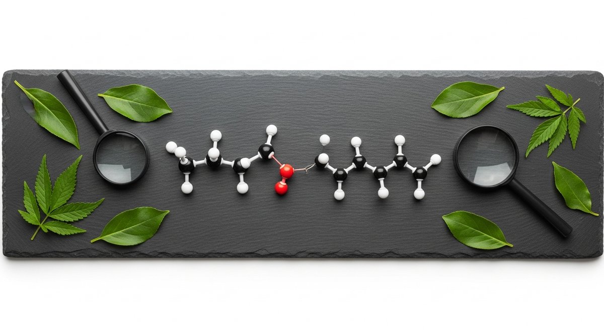 Best Terpenes for Focus in a Vape Pen 13 Two similar molecular model structures beside cannabis leaves on a dark slate, illustrating THCV and THC structural differenc
