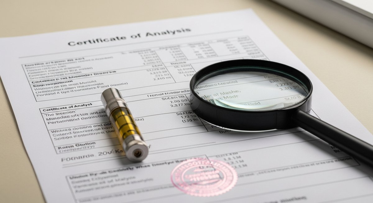 Certificate of Analysis lab document beside a vape cartridge and magnifying glass on a desk, emphasizing product quality veri