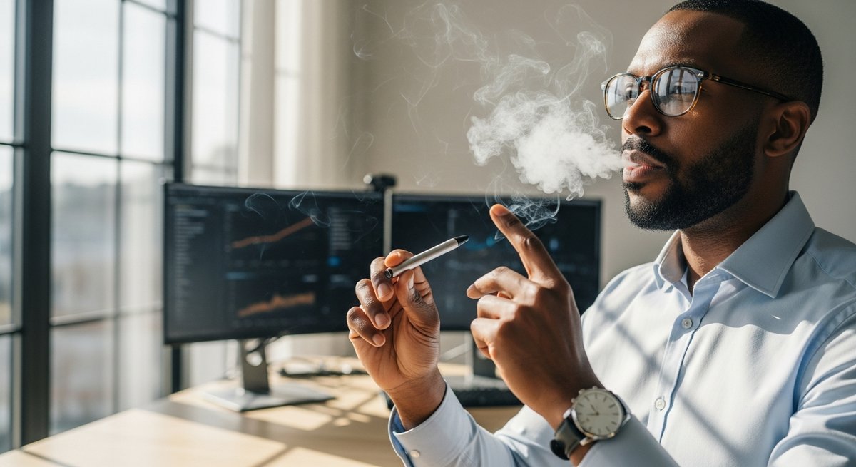 Adult professional holding a vape pen in a bright modern home office with monitors in background, daylight streaming in